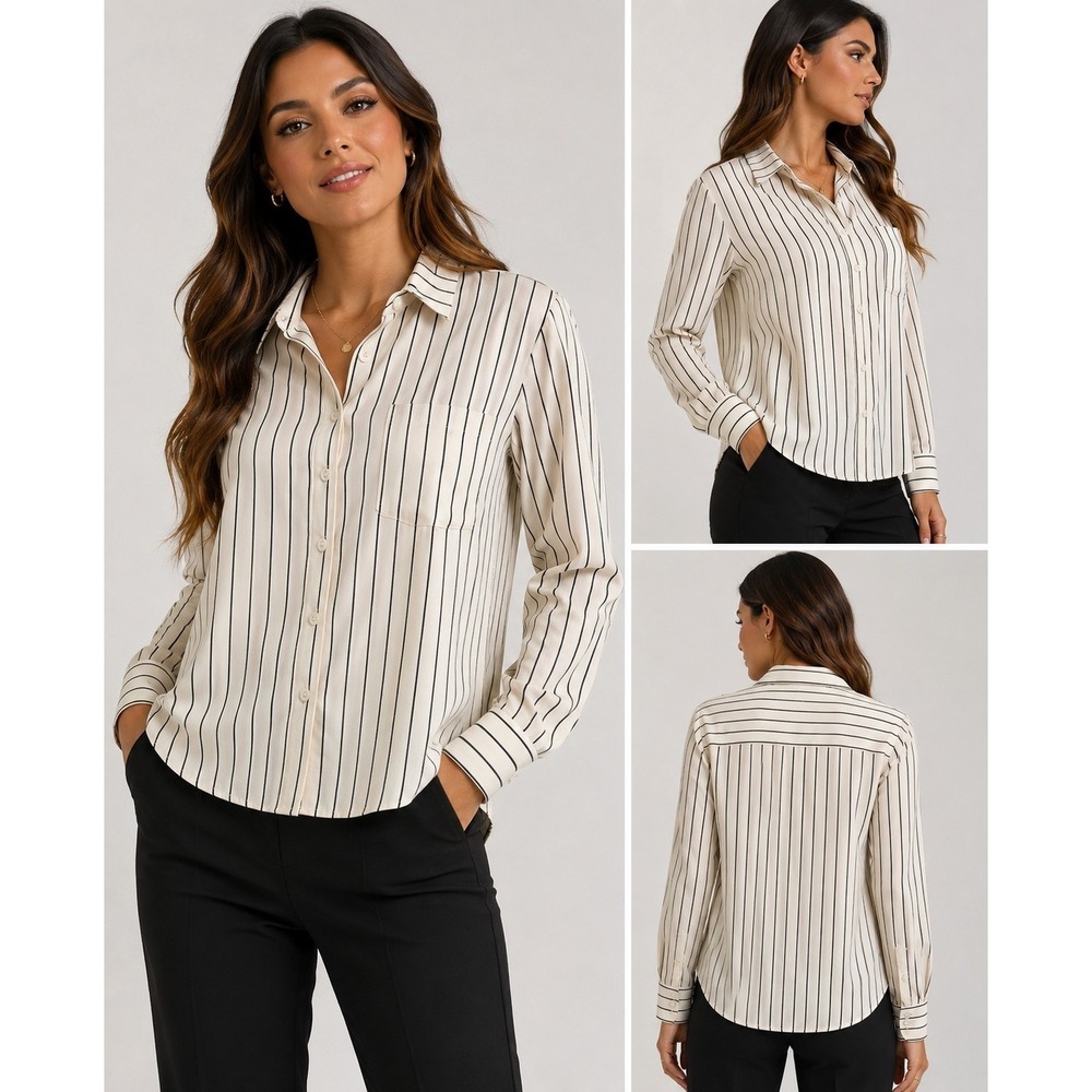 Citrus Ivory Black Striped Button Front Blouse Womens Small Long Sleeve Pocket T